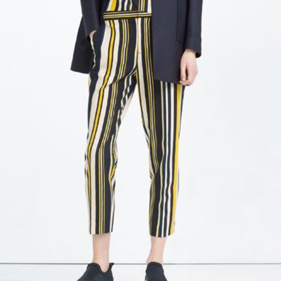 ZARA Blue/White/Yellow Striped Mid Rise Trousers - Picture 6 of 8